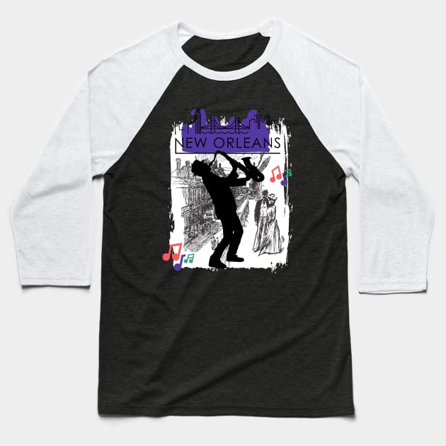 Purple New Orleans Louisiana Mardi Gras City Skyline Music Jazz Travel holidays Baseball T-Shirt by BoogieCreates